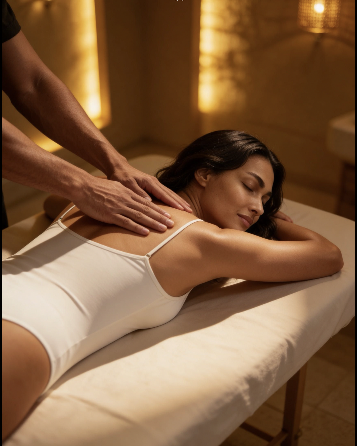Restorative massage in a warm, candlelit room with golden-hour light