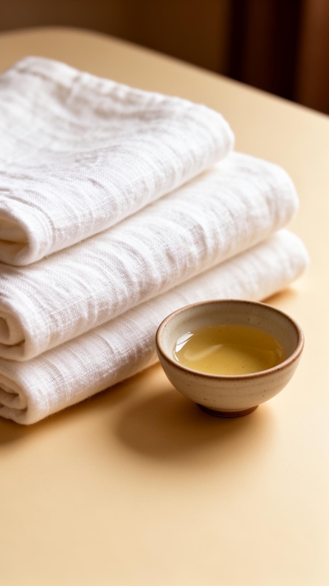 Folded linens and oil for in-home massage